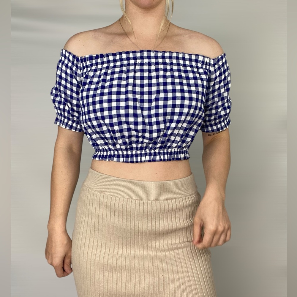 L’ACADEMIE The‎ Ruffle Crop Top in Blue Gingham Stretch Streetwear